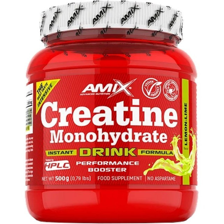 کراتین مونوهیدرات طعمدار برند Amix با وزن ۵۰۰ گرم. در قسمت پایین بستهبندی عبارتهای Creatine Monohydrate، Instant Drink Formula، Performance Booster و No Aspartame دیده میشود. طراحی بستهبندی ترکیبی از رنگهای مشکی، نارنجی و سفید است.